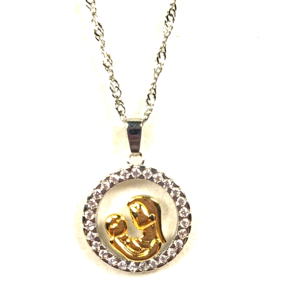 Round Cubic Zirconia Thanksgiving Mother Holding Child Gold Silver Tone Pendant - Picture 2 of 9